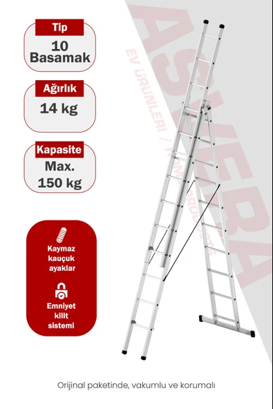 Asvera Endüstriyel 9 Metre A Tipi 3 Parçalı Alüminyum Merdiven - 1.4 mm Profesyonel Merdiven ürün görseli 1