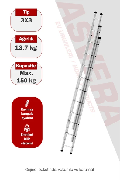 Asvera Endüstriyel 9 Metre 3 Parçalı Alüminyum Merdiven - 1.4 mm Sürgülü Profesyonel Merdiven ürün görseli 1