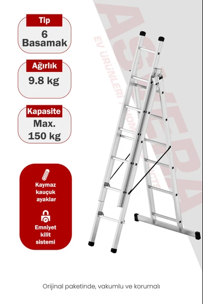 Asvera Endüstriyel 6 Metre A Tipi 3 Parçalı Alüminyum Merdiven - 1.4 mm Profesyonel Merdiven ürün görseli 1