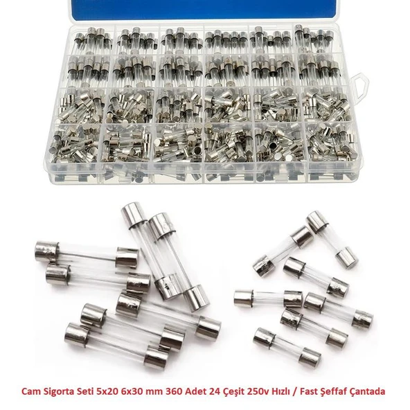 Cam Sigorta Seti 5x20 6x30 mm 360 Adet 24 Çeşit 250v Hızlı / Fast Şeffaf Çantada ürün görseli 1