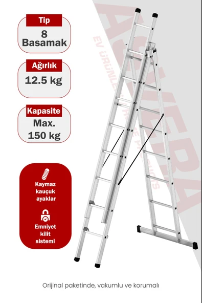 Asvera Endüstriyel 7,5 Metre A Tipi 3 Parçalı Alüminyum Merdiven - 1.4 mm Profesyonel Merdiven ürün görseli 1