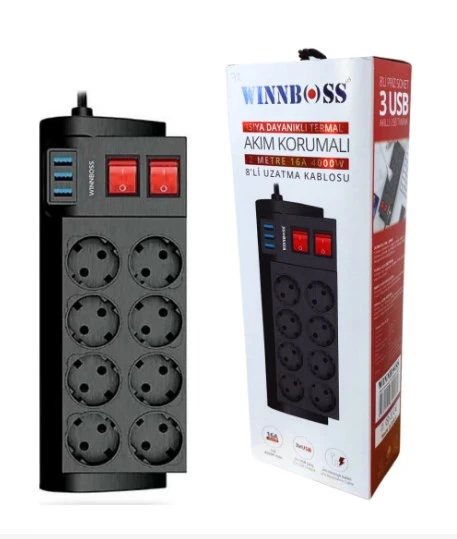 Winnboss PRIZ AKIM KORUMA (8 PRİZ 3 USB) 2m (CIFT ANAHTAR) ürün görseli 1