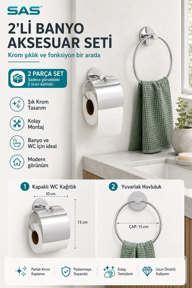 SAS Banyo Aksesuar Seti KROM İkili Set ürün görseli 1