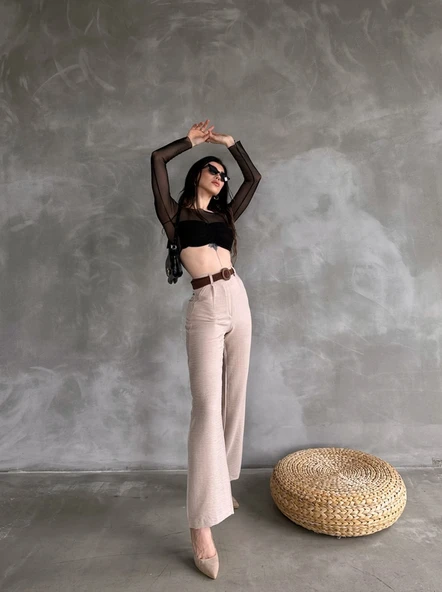 Kadın Beli Kemerli Keten Pantolon ürün görseli 1