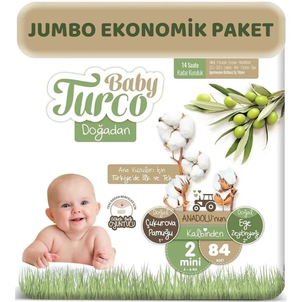 Baby Turco Bebek Bezi Doğadan 2 Beden 3-6 KG Mini 84 Adet Jumbo Ekonomik Pk ürün görseli 1