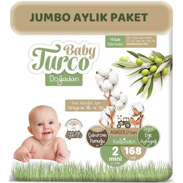 Baby Turco Bebek Bezi Doğadan 2 Beden 3-6 KG Mini 168 Adet Jumbo Aylık Pk ürün görseli 1