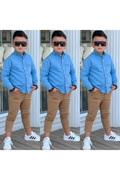 MODAVALS HAKİM YAKA DENIM GÖMLEK & GABARDİN PANTOLON ERKEK ÇOCUK 2’Li TAKIM ürün görseli 1