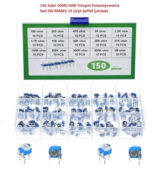 150 Adet 100R/1MR Trimpot Potansiyometre Seti Dik RM065 15 Çeşit Şeffaf Çantada ürün görseli 1