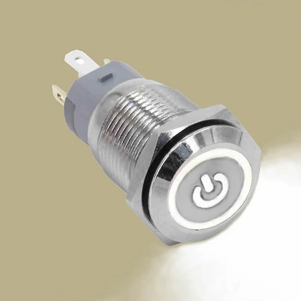 16mm Metal Buton Beyaz Power Sembol Led Işıklı Panel Montaj Düz Kafa Kilitlemeli DC 6A 12V IP67 Düğm ürün görseli 1
