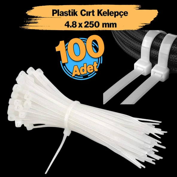 100 Adet Cırt Kelepçe 4,8x250 mm Plastik Beyaz Renk Zip Kablo Bağı Çok Amaçlı Bağlama ürün görseli 1
