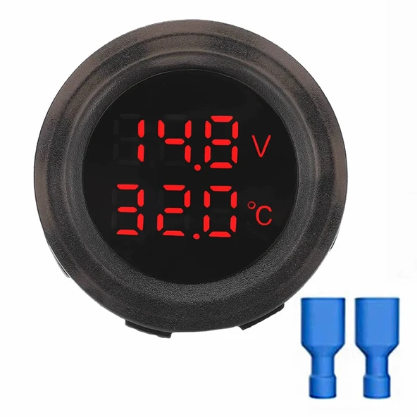 Yuvarlak Voltmetre Termometre 12V 24V Panel Tip Montaj Dijital Kırmızı Renk Led Sıcaklık Isı Voltaj ürün görseli 1