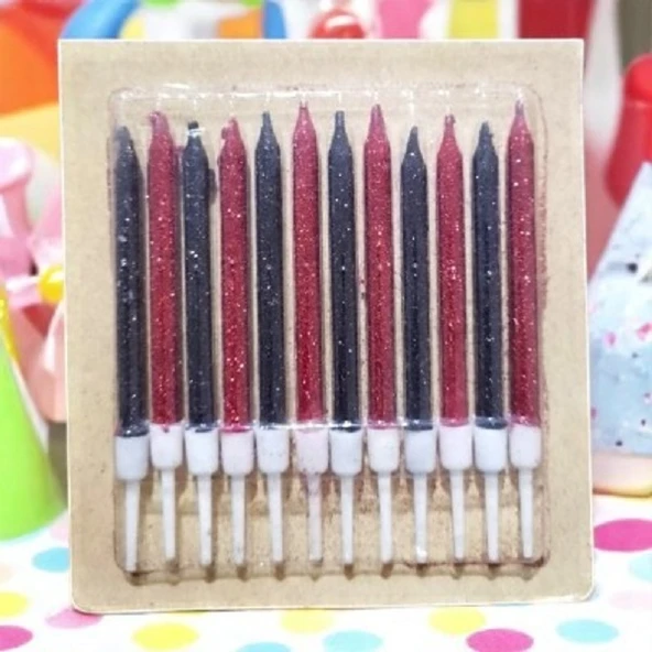 DOĞUM GÜNÜ PASTA MUMU KIRMIZI SİYAH 12 ADET SİMLİ  MUM 10 CM KUTLAMA MUMU ürün görseli 1