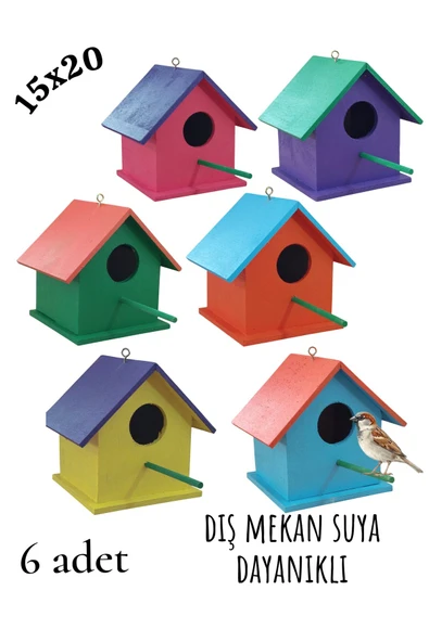 Ahşap Kuş Yuvası Kuş Evi Dış Mekan Suya Dayanıklı 6 Adet 15x15x20 Cm ürün görseli 1