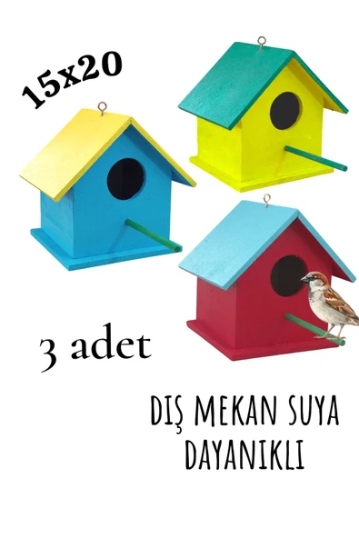 Ahşap Kuş Yuvası Kuş Evi Dış Mekan Suya Dayanıklı 3 Adet 15x15x20 Cm ürün görseli 1