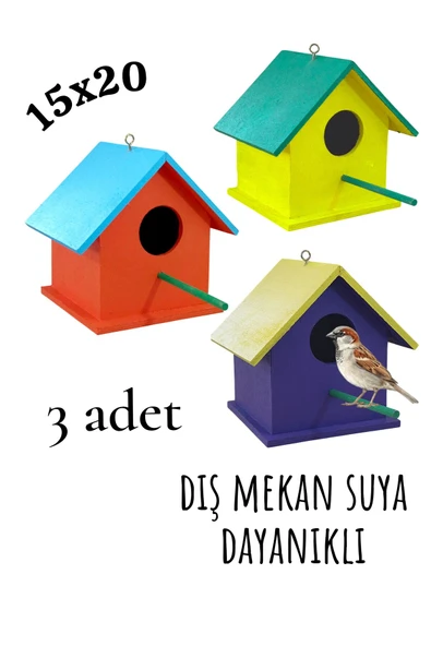 Ahşap Kuş Yuvası Kuş Evi Dış Mekan Suya Dayanıklı 3 Adet 15x15x20 Cm ürün görseli 1