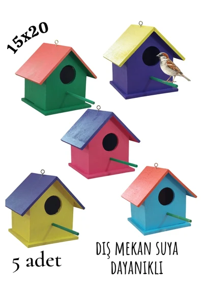 Ahşap Kuş Yuvası Kuş Evi Dış Mekan Suya Dayanıklı 5 Adet 15x15x20 Cm ürün görseli 1