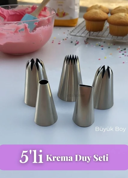 5'li Büyük Boy Dekoratif Krema Duyu Seti Cupcake Pasta ve Kurabiye Süsleme Paslanmaz Çelik Set-3 ürün görseli 1