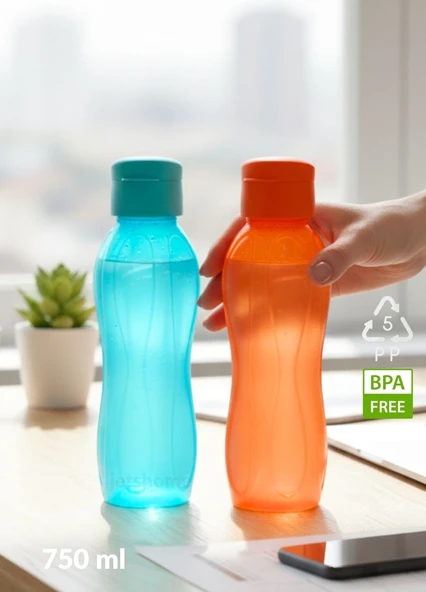 2’li Suluk Seti PP-5 Bpa Free Akıtmaz-Kokusuz Okul Matarası Mavi Turuncu 750 ml ürün görseli 1