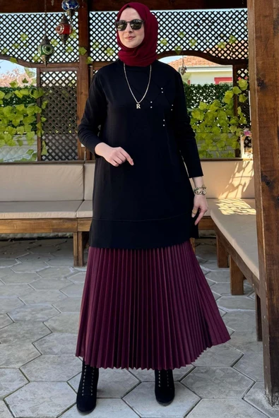 Gonca Taşlı Triko Tunik Siyah ürün görseli 1