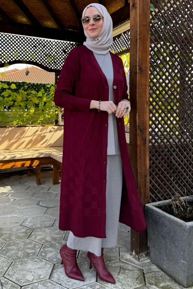 Dama Desenli Triko Hırka Bordo - Resim 5