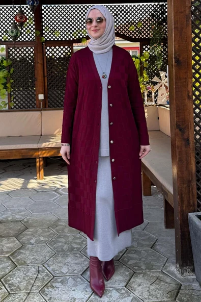 Dama Desenli Triko Hırka Bordo - Resim 3