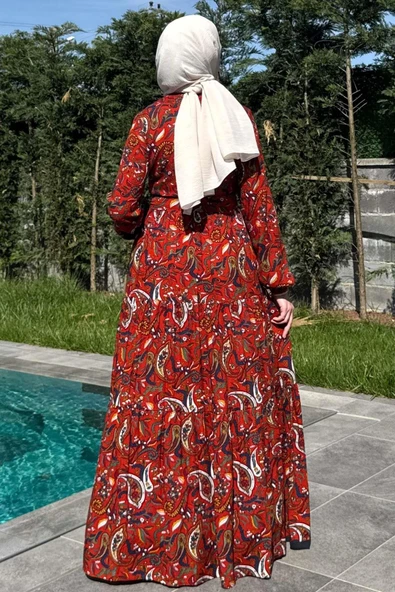 Şal Desenli Elbise Kiremit - Resim 5