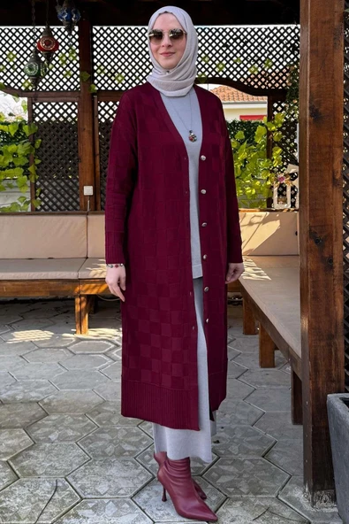 Dama Desenli Triko Hırka Bordo - Resim 6