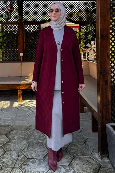 Dama Desenli Triko Hırka Bordo ürün görseli 1