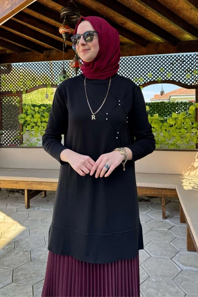 Gonca Taşlı Triko Tunik Siyah - Resim 3