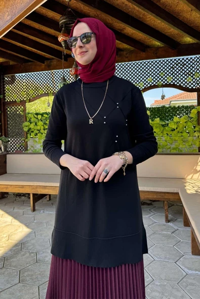 Gonca Taşlı Triko Tunik Siyah - Resim 4