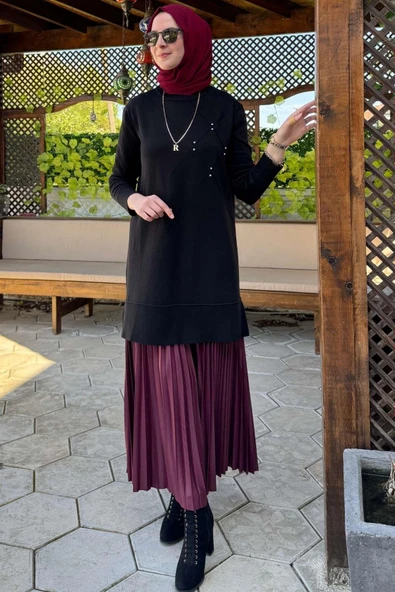 Gonca Taşlı Triko Tunik Siyah - Resim 5