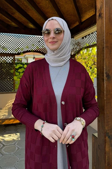 Dama Desenli Triko Hırka Bordo - Resim 2