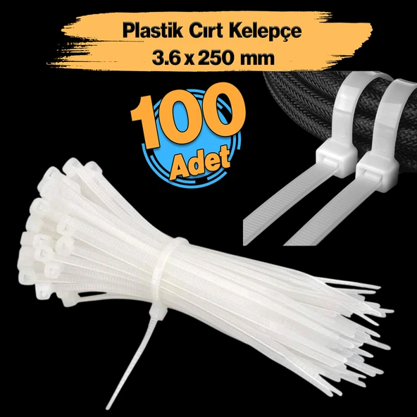 Plastik Cırt Kelepçe (100 Adet) 3.6x250 mm Beyaz Renk Zip Kablo Bağı Çok Amaçlı Bağlama ürün görseli 1