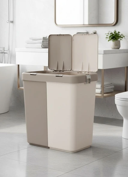 Çamaşır Sepeti İki Bölmeli Kirli Sepeti Krem-Bej 80 Litre ürün görseli 1