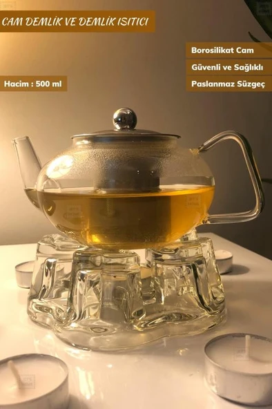 2’li Set Cam Demlik ve Cam Isıtıcı Süzgeçli Demlik 500 ml Bitki Çayı Demliği Borasilikat ürün görseli 1