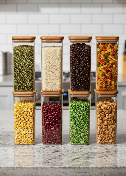 8’li Bambu Desenli Erzak Saklama Kabı Seti - Hava Almaz Sızdırmaz Vakumlu 2,25 L Dev Boy Set ürün görseli 1