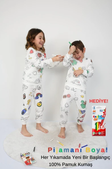Boyanabilir Çocuk Pijama Takımı + Kalem I Renkli Rüyalar I Her Yıkamada Yeniden Tasarla ürün görseli 1