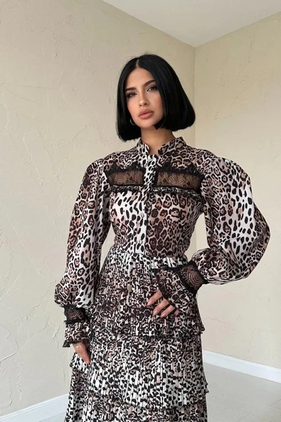 Leopar Pilise Detaylı Lastikli Elbise - Resim 2
