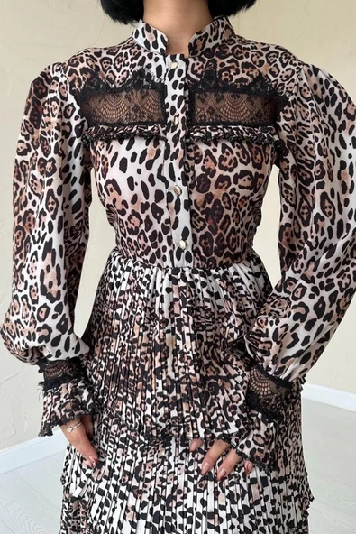 Leopar Pilise Detaylı Lastikli Elbise - Resim 3