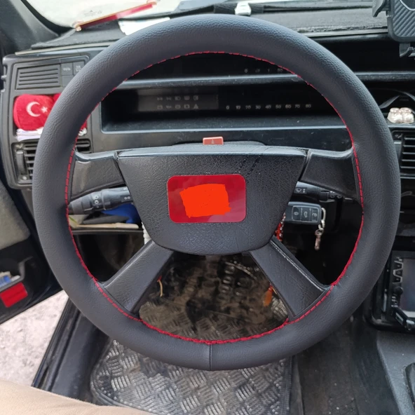 DİKİŞLİ DİREKSİYON KILIFI SİYAH DERİ KIRMIZI DİKİŞLİ FIAT TİPO İÇİN ürün görseli 1