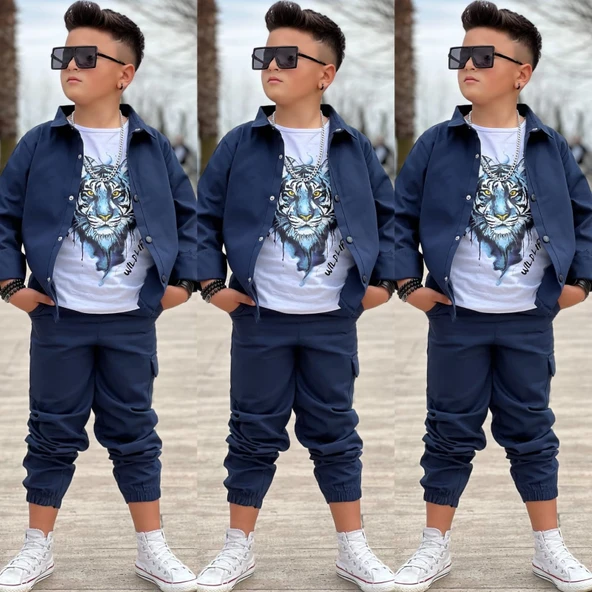 MODAVALS GABARDİN GÖMLEK KARGO CEP PANTOLON ve KAPLAN BASKILI TSHIRT 3 PARÇA ERKEK ÇOCUK TAKIM ürün görseli 1