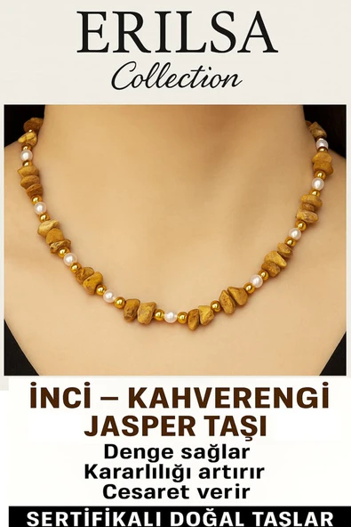Sertifikalı Kırık Taşlı Model İnci – Kahverengi Jasper Taşı Kolye – Enerji ve Denge ürün görseli 1