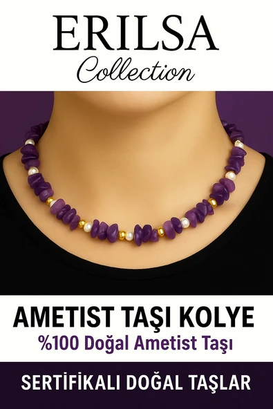 Sertifikalı Kırık Taşlı Model İnci – Ametist Taşı Kolye – Sakinlik ve Ruhsal Denge ürün görseli 1