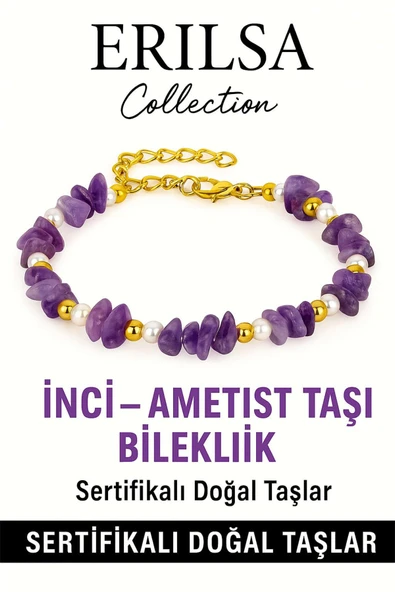 Sertifikalı Kırık Taşlı Model İnci – Ametist Taşı Bileklik – Sakinlik ve Ruhsal Denge ürün görseli 1
