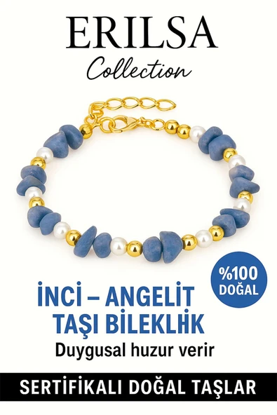 Sertifikalı Kırık Taşlı Model İnci – Angelit (Melek Taşı) Bileklik – Ruhsal Denge ve Koruma Enerjisi ürün görseli 1