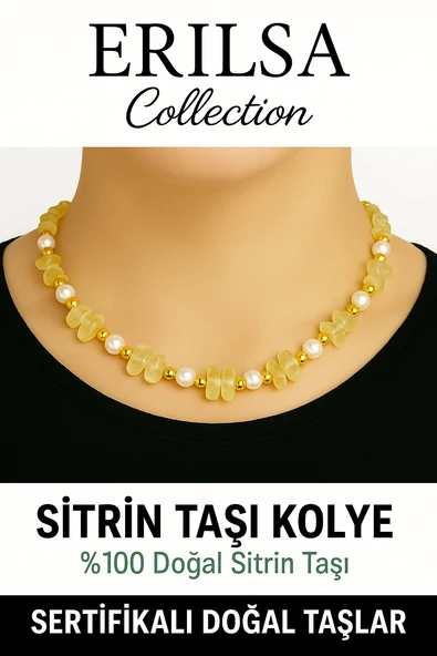 Sertifikalı Kırık Taşlı Model İnci – Sitrin Taşı Kolye – Pozitif Enerji ve Bolluk ürün görseli 1