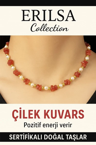 Sertifikalı Kırık Taşlı Model İnci Çilek Kuvars Taşı Kolye Kalp Çakra Dengesi Sağlar ürün görseli 1