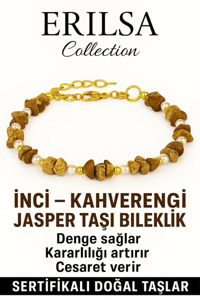 Sertifikalı Kırık Taşlı Model İnci – Kahverengi Jasper Taşı Bileklik – Enerji ve Denge ürün görseli 1