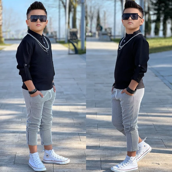 MODAVALS HAKİM YAKA KOL KATLAMALI BADİ & BELİ LASTİKLİ BAĞCIKLI CEPLİ ÇİZGİLİ PANTOLON & ZİNCİR AKSESUAR 3 PARÇA ERKEK ÇOCUK KETEN ALT ÜST TAKIM ürün görseli 1