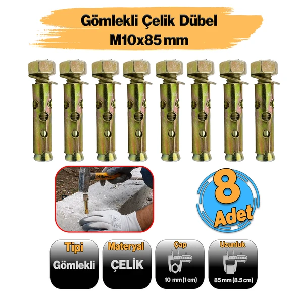( 8 Adet ) Saplamalı Gömlek Çelik Dübel M10x85 mm Raf Montaj Bağlantı Zemin Monte Betona Asma Aparat ürün görseli 1